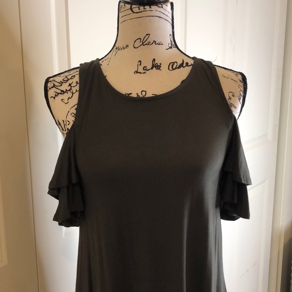 Olive Cold Shoulder Swing Dress Ruffled Sleeves - Picture 8 of 9